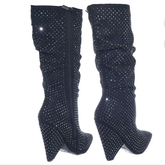 BAMBOO WOMEN'S RETRO RHINESTONE GLITTER BOOT ON CONE TAPERED HEEL G1 - Picture 2 of 16